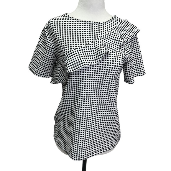 Ann Taylor Black/White Short Sleeve Blouse Top With Ruffle Size S - Picture 1 of 10